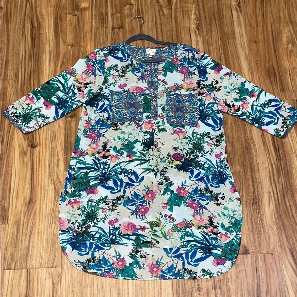 Fig and Flower women’s large 12 14 top tunic high low Paisley Print 3/4 sleeves